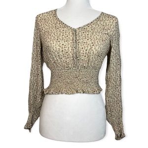 Japna Long Sleeved Smocked Waist Crop Top-Small, EUC